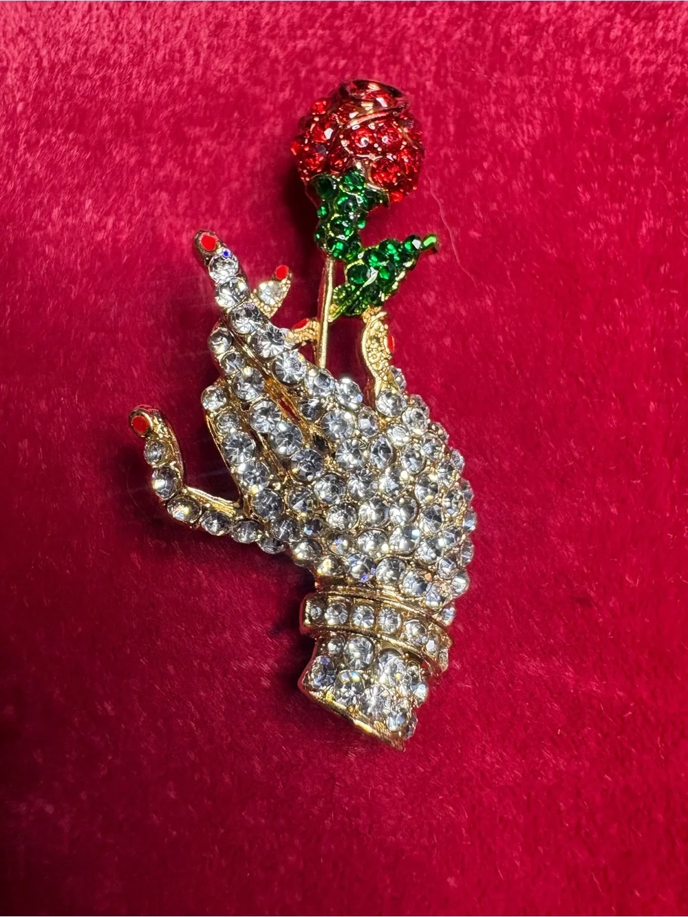 Brooch Crystal Lady Hand & Rose  - Rhinestone Gold Tone Red Green Accents Pin